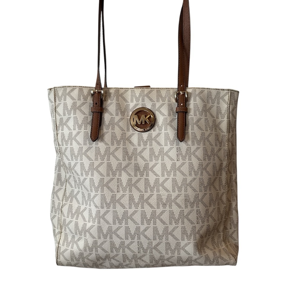 Michael Kors Cream and Brown Tote Bag coated leather gold purse handbag MK